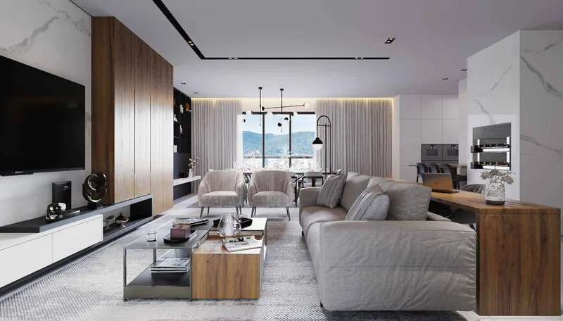 Living da cobertura duplex com painel de madeira, sofá amplo e home theater