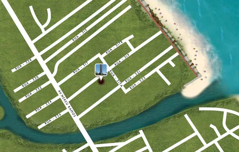 Mapa ilustrativo com a localização do Villa Lobos na Rua 319, entre a Av. Nereu Ramos e a praia de Meia Praia