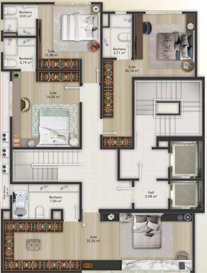 Planta do pavimento inferior da cobertura duplex, com quatro suítes