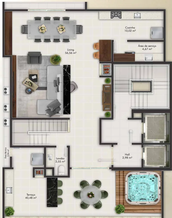 Planta do pavimento superior da cobertura duplex, com living de 56 m² e terraço com spa