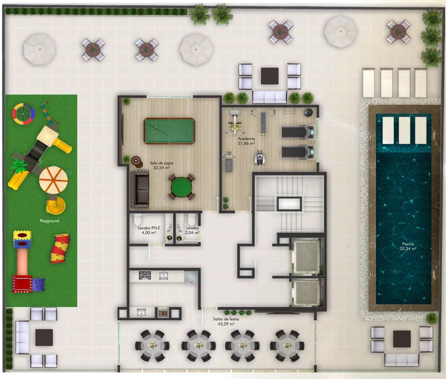 Planta da área de lazer com piscina de 32 m², salão de festas de 43 m², sala de jogos, academia e playground