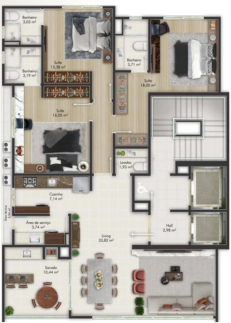 Planta do apartamento tipo do Villa Lobos Residence, com 133,09 m² privativos, living integrado, três suítes e sacada com churrasqueira